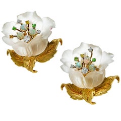 Vintage Beautiful Rock Crystal Garnet Opal Diamond Gold Flower Earrings