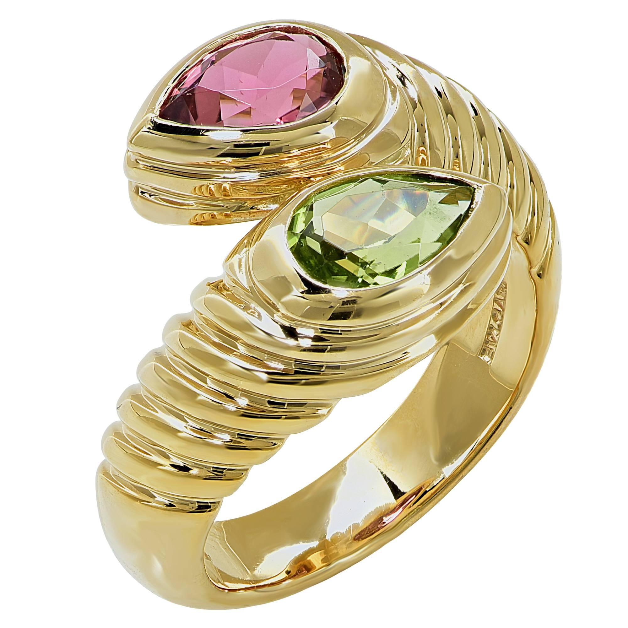 Bulgari Doppio Pink Tourmaline Peridot Gold Ring 