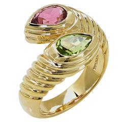 Bulgari Doppio Pink Tourmaline Peridot Gold Ring