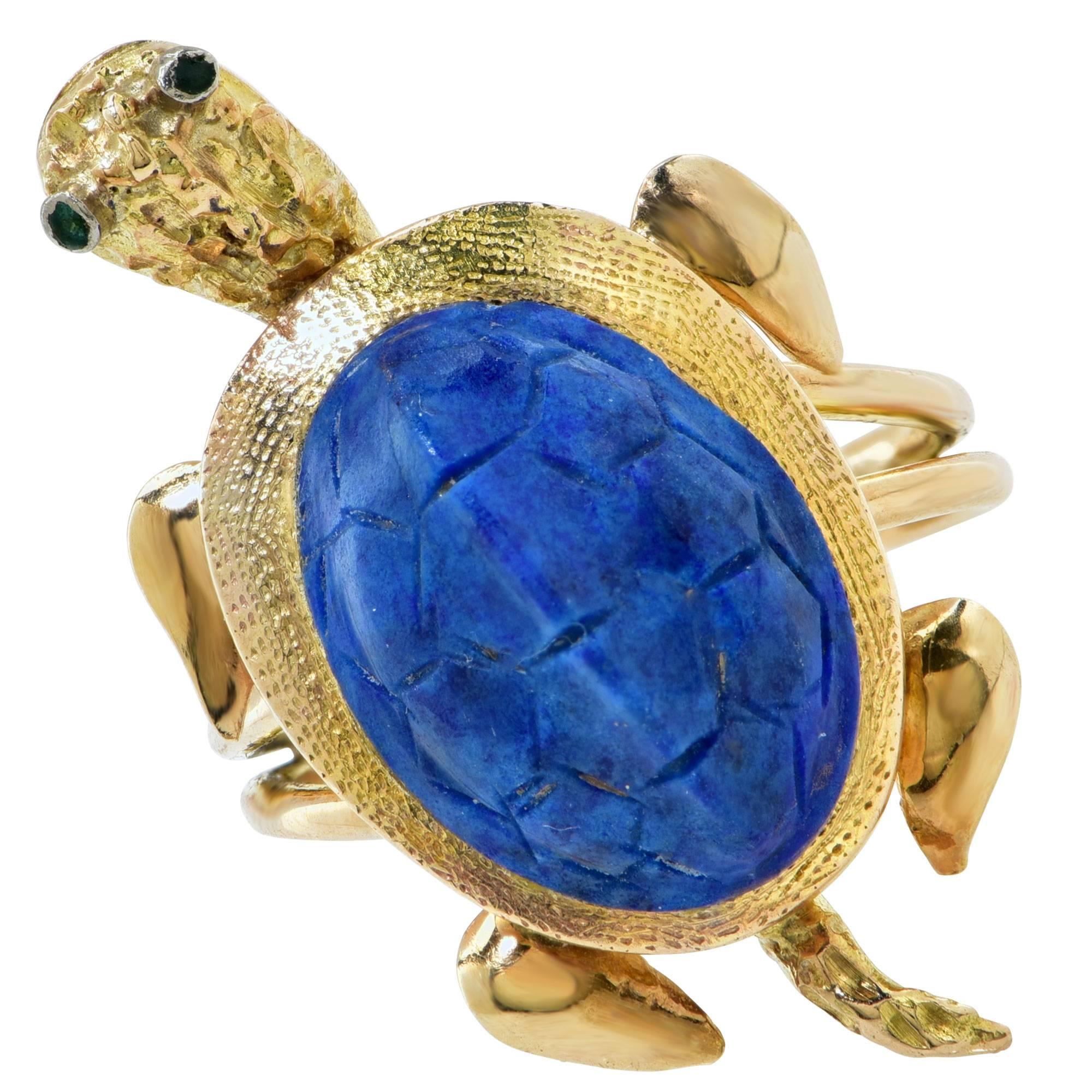 Carved Lapis Turtle with Emerald Eyes