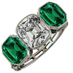 Vintage Stunning Circa 1930s Three Stone Diamond  Emerald Ring