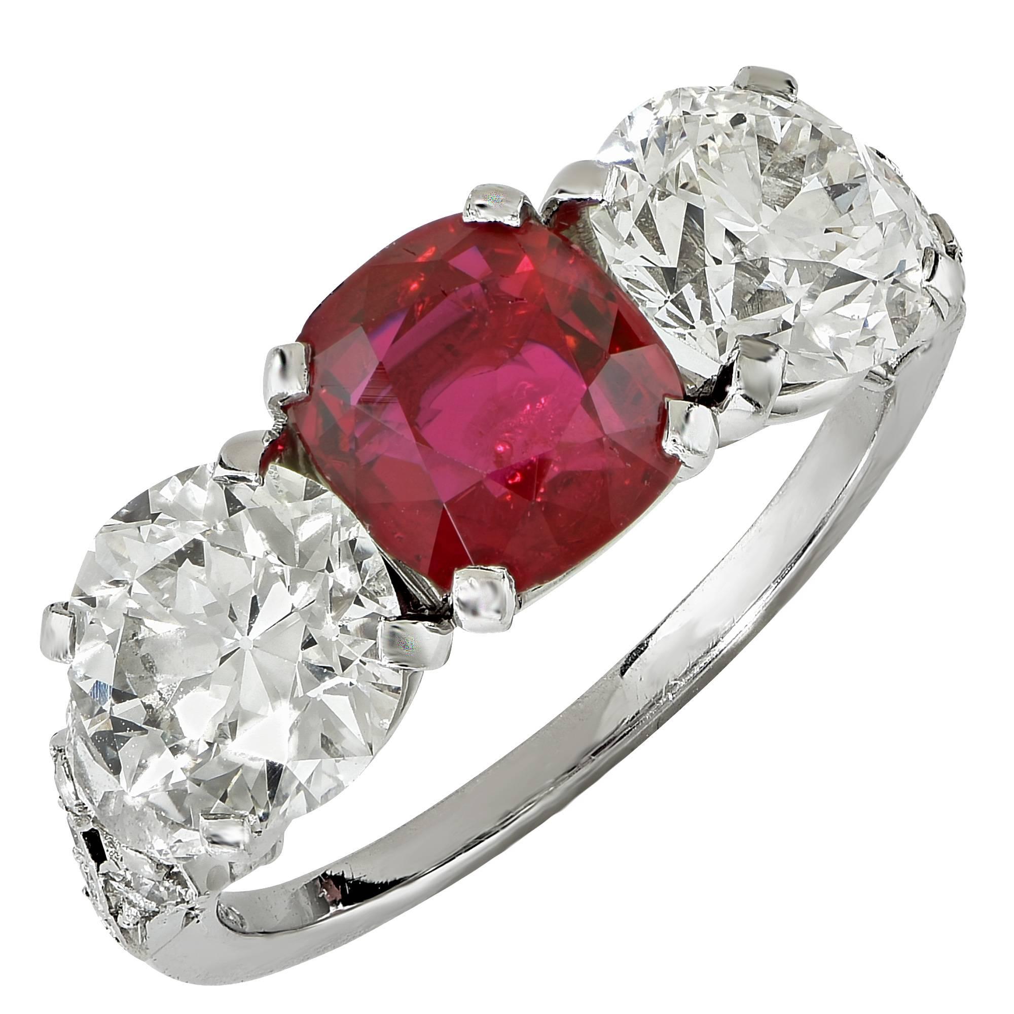 Yard Art Deco Ruby Diamond Platinum Three Stone Ring