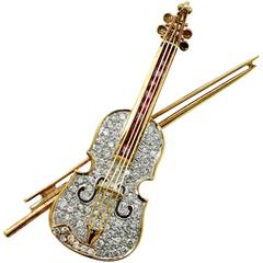 Diamond and Ruby Violin Brooch