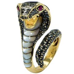 Vintage Diamond Abalone Mother-of-Pearl Yellow Gold Cobra Snake Ring