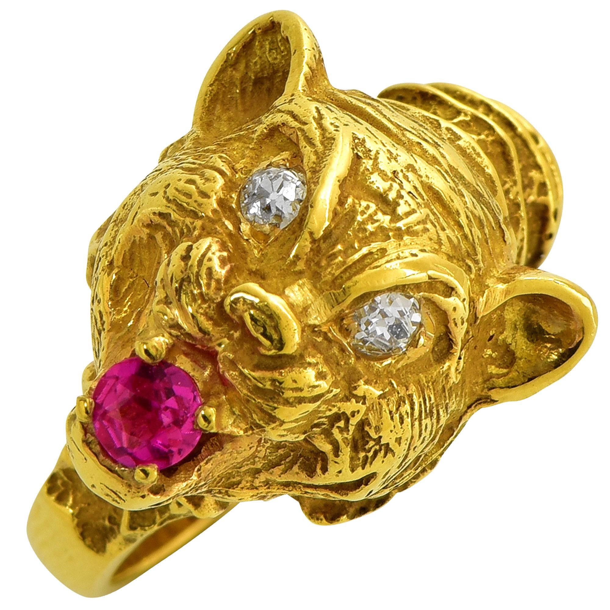 Ruby Diamond Yellow Gold Lion Ring