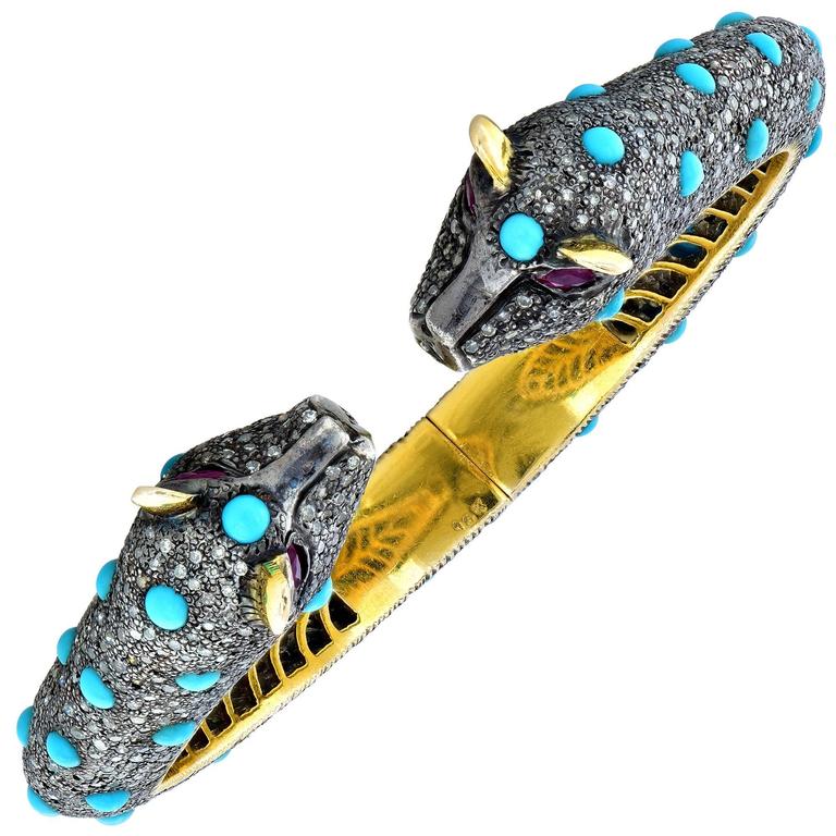 Turquoise Diamond Silver Gold Bangle Bracelet For Sale at 1stdibs