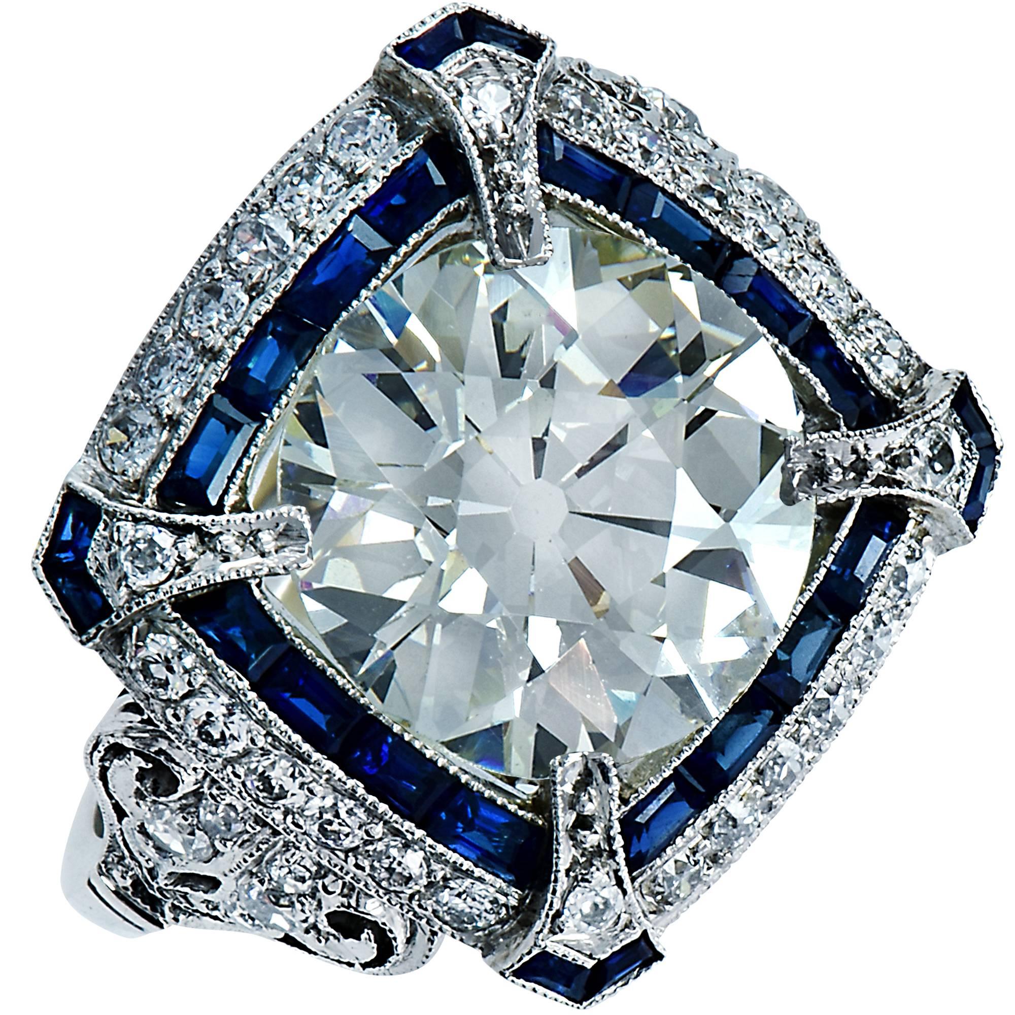 3.80 Carat European Cut Diamond Sapphire Platinum Ring