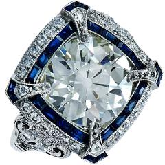 3.80 Carat European Cut Diamond Sapphire Platinum Ring 2