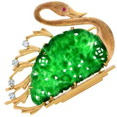 Jade Gold Swan Brooch