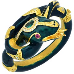 Emerald Ruby Diamond Yellow Gold Snake Bangle Bracelet