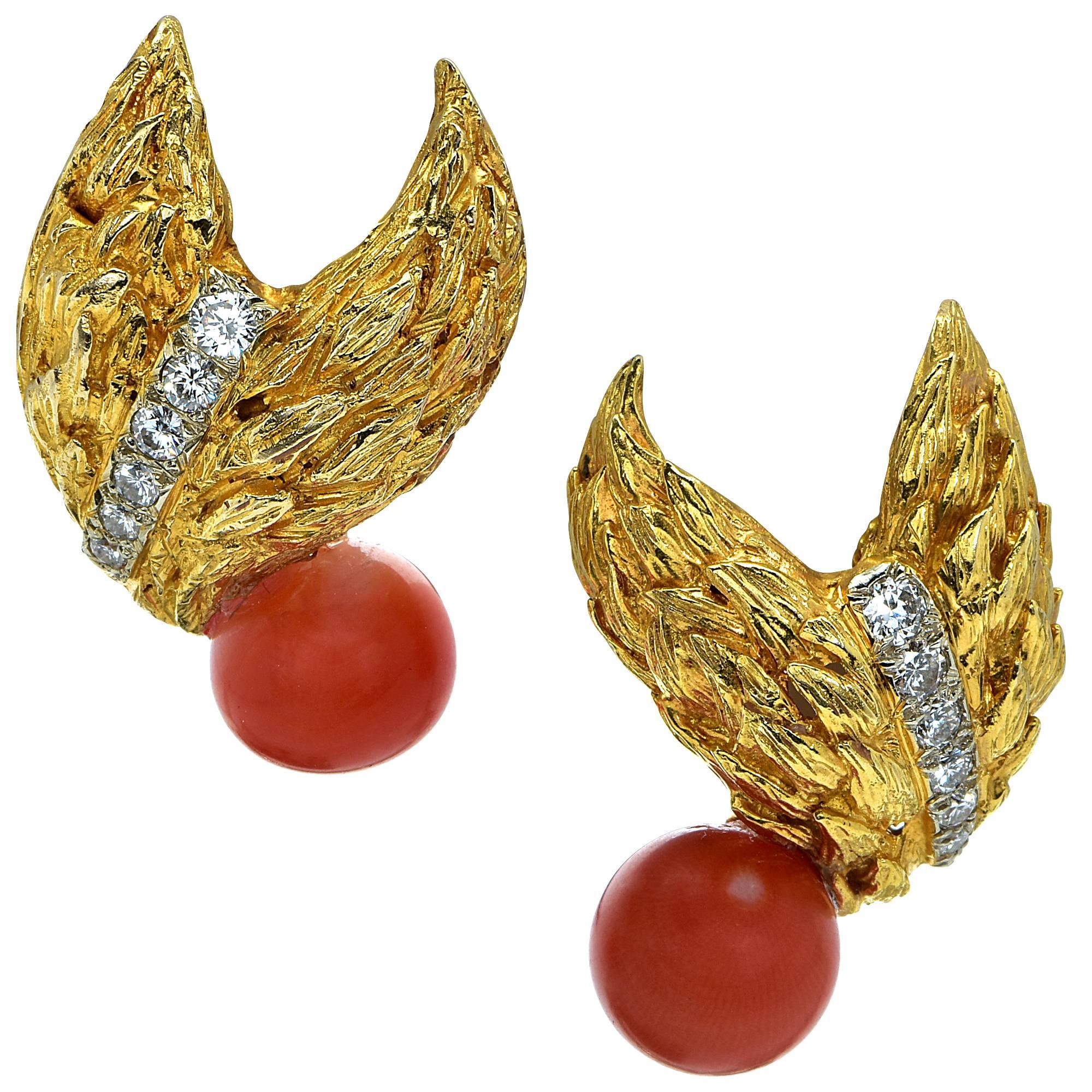 Coral Diamond Yellow Gold Leaf Earrings