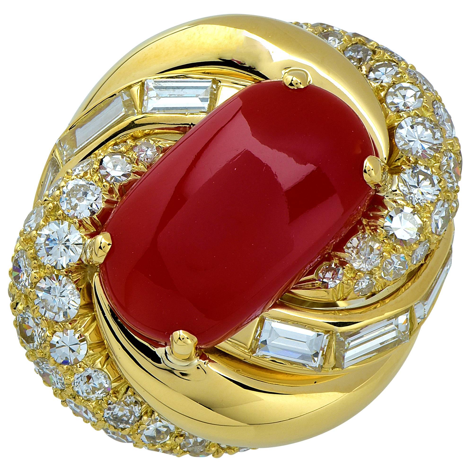 David Webb Coral Diamond Gold Ring