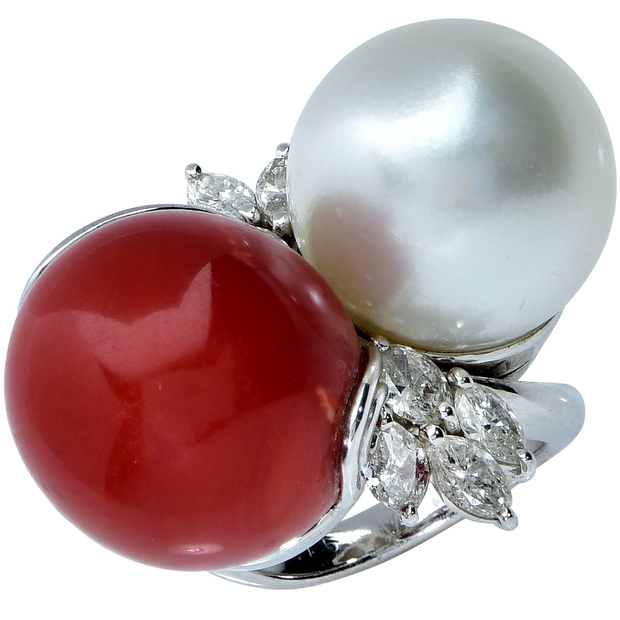 Coral Pearl Diamond Platinum Bypass Ring