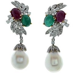 Pearl Ruby Emerald Diamond White Gold Earrings 8