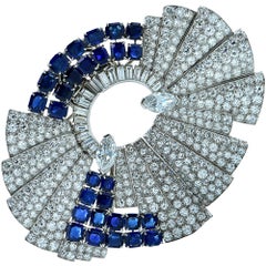 Art Deco Diamond Sapphire Double Clips Brooch 7