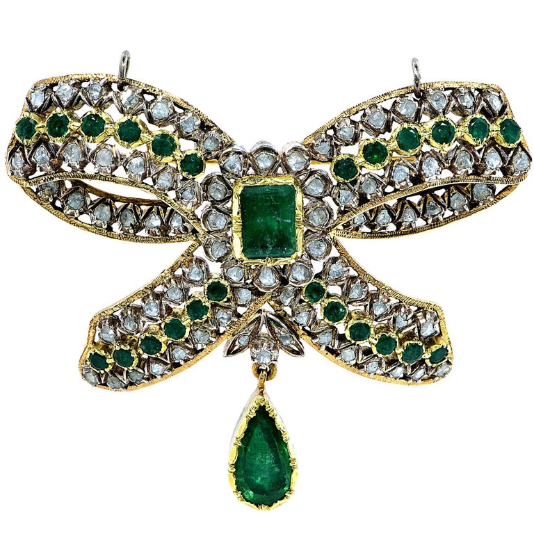 Emerald and Diamond Brooch For Sale