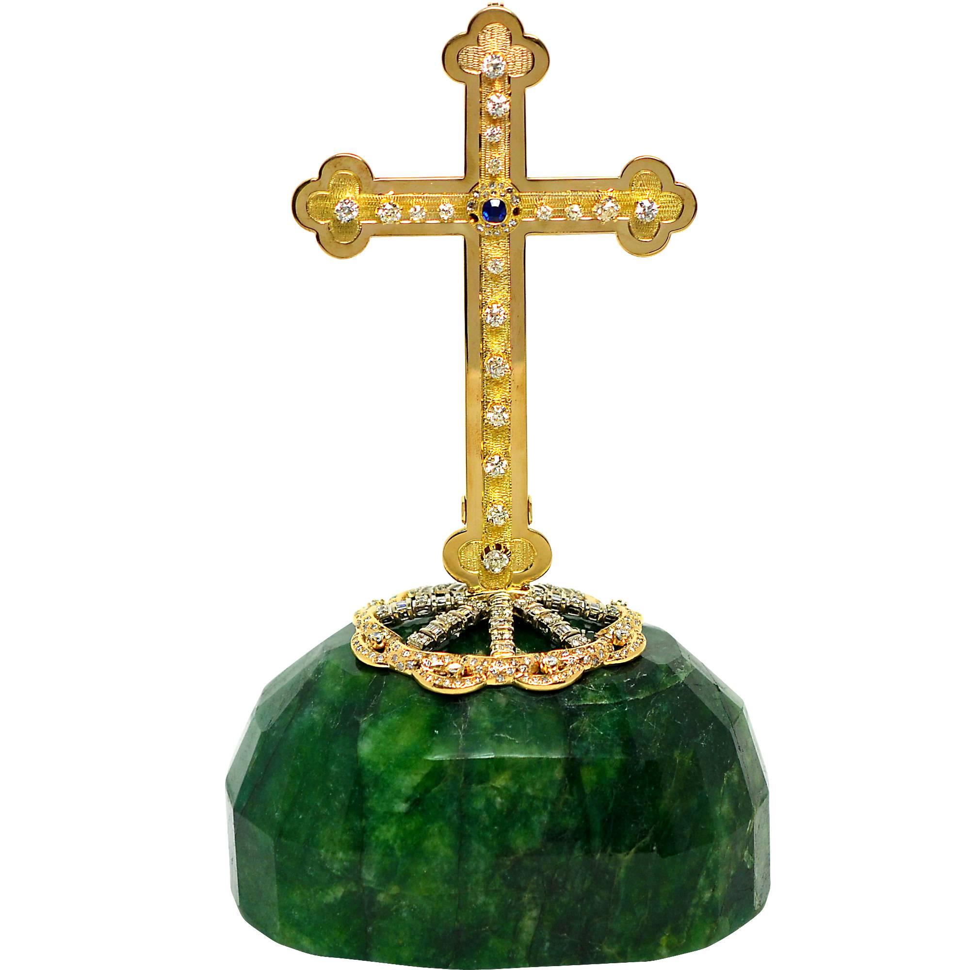 Old European Diamond Sapphire Cross with an Emerald and Diamond Base