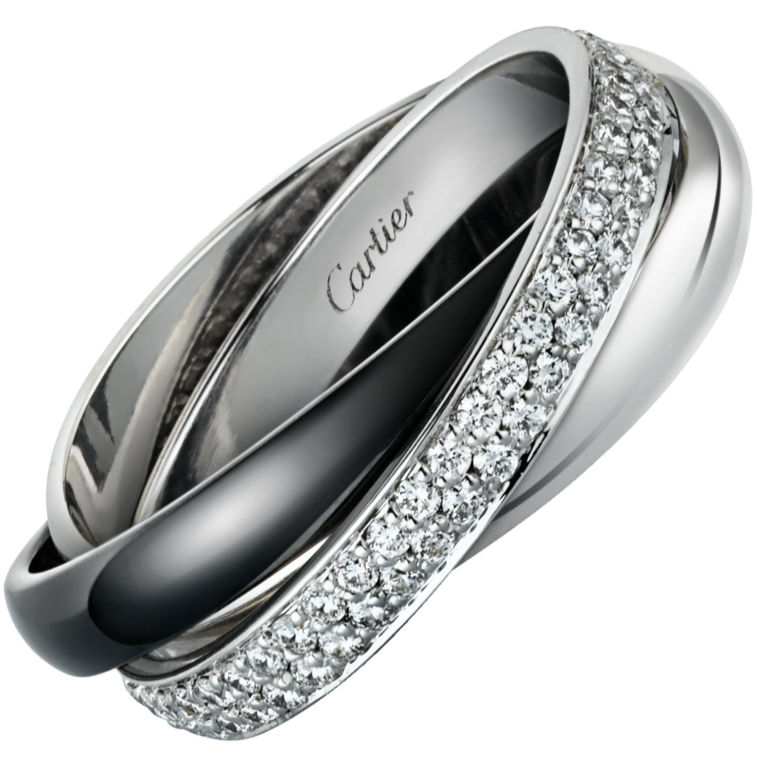 Cartier Platinum Trinity Black Ceramic and Diamond Ring Large Model For