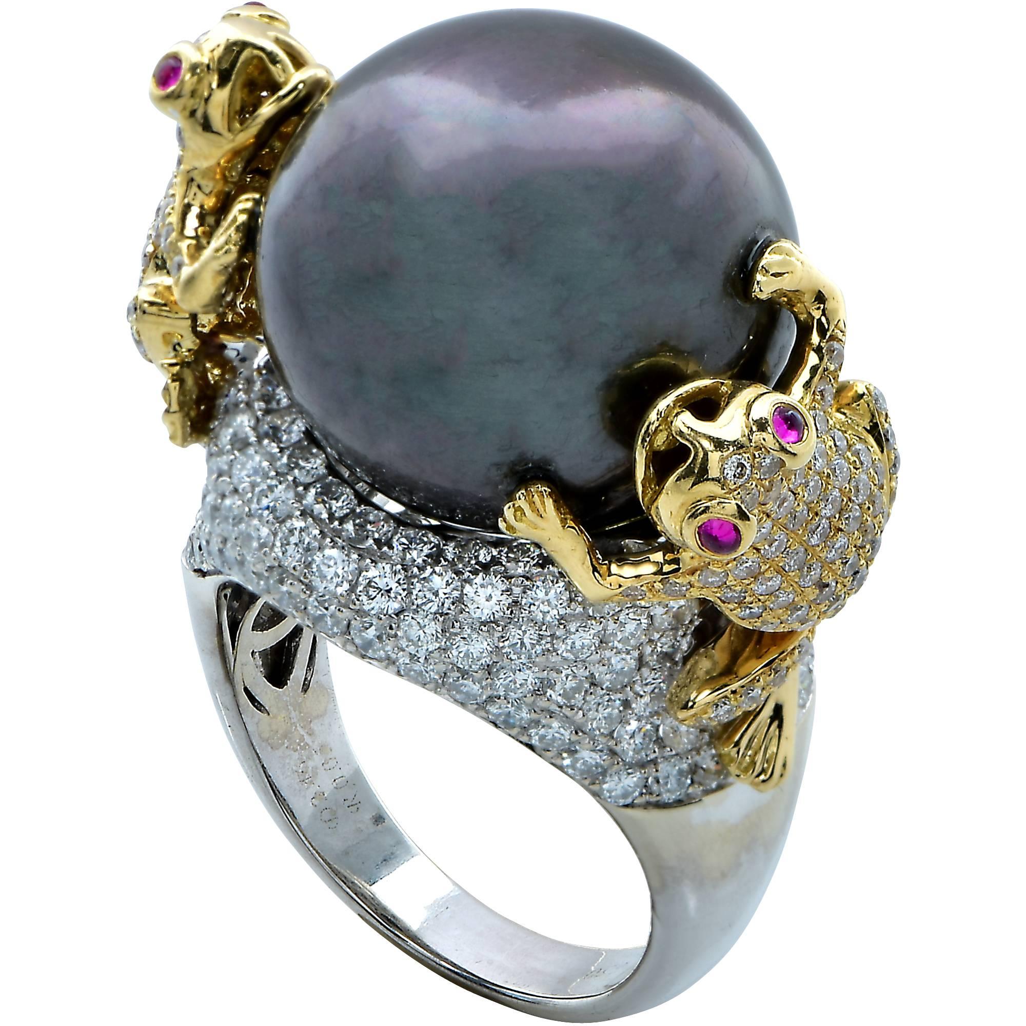 Unique Tahitian Pearl Ring with Diamond Pave Frogs