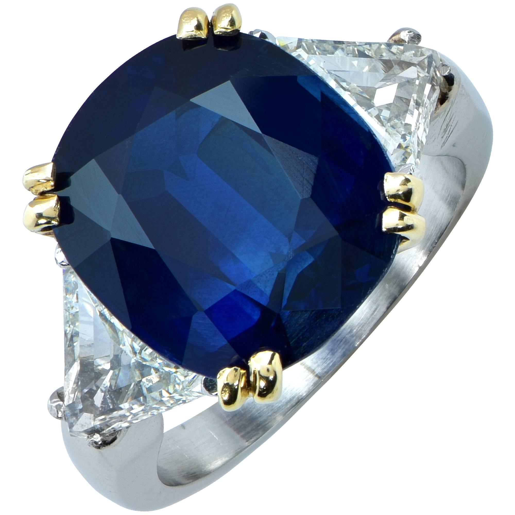 AGL Graded  9.51 Carat Cushion Cut Sapphire Diamond Three-Stone Ring
