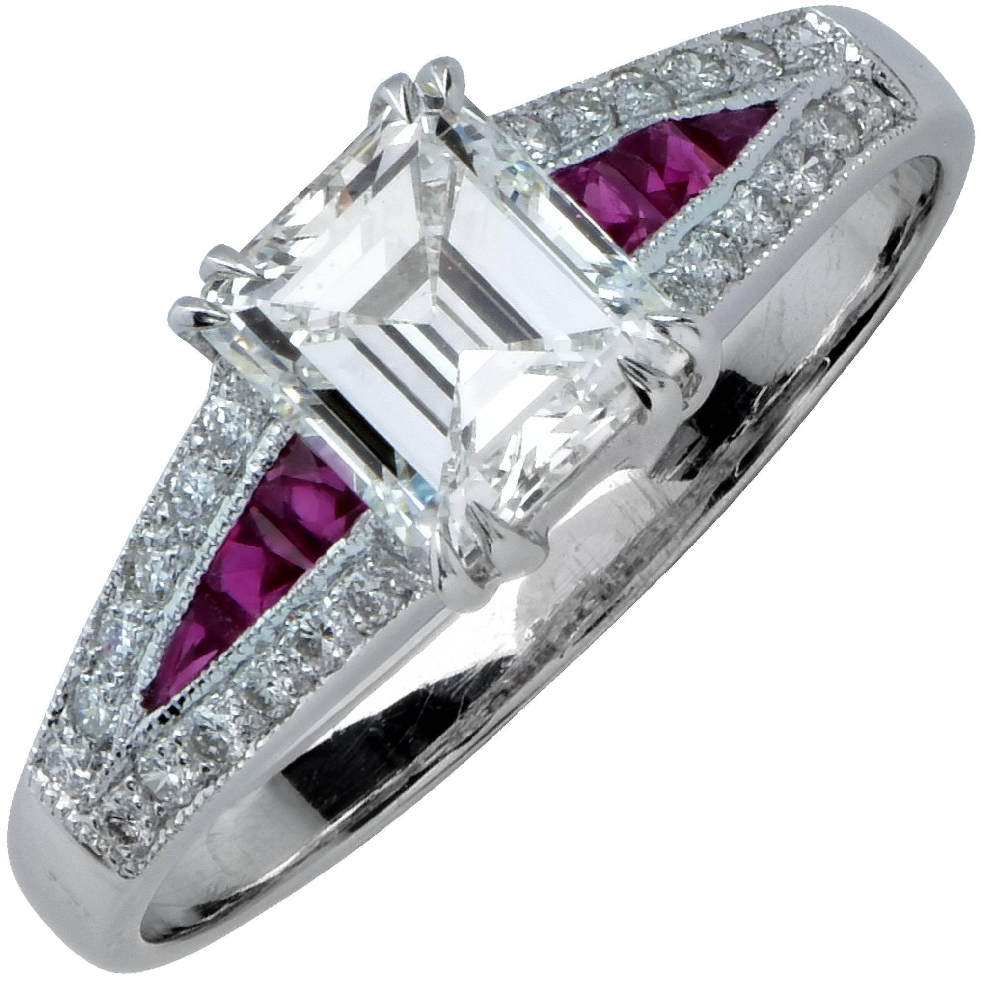 GIA Graded 1.03 Carat Emerald Cut Diamond and Ruby Engagement Ring