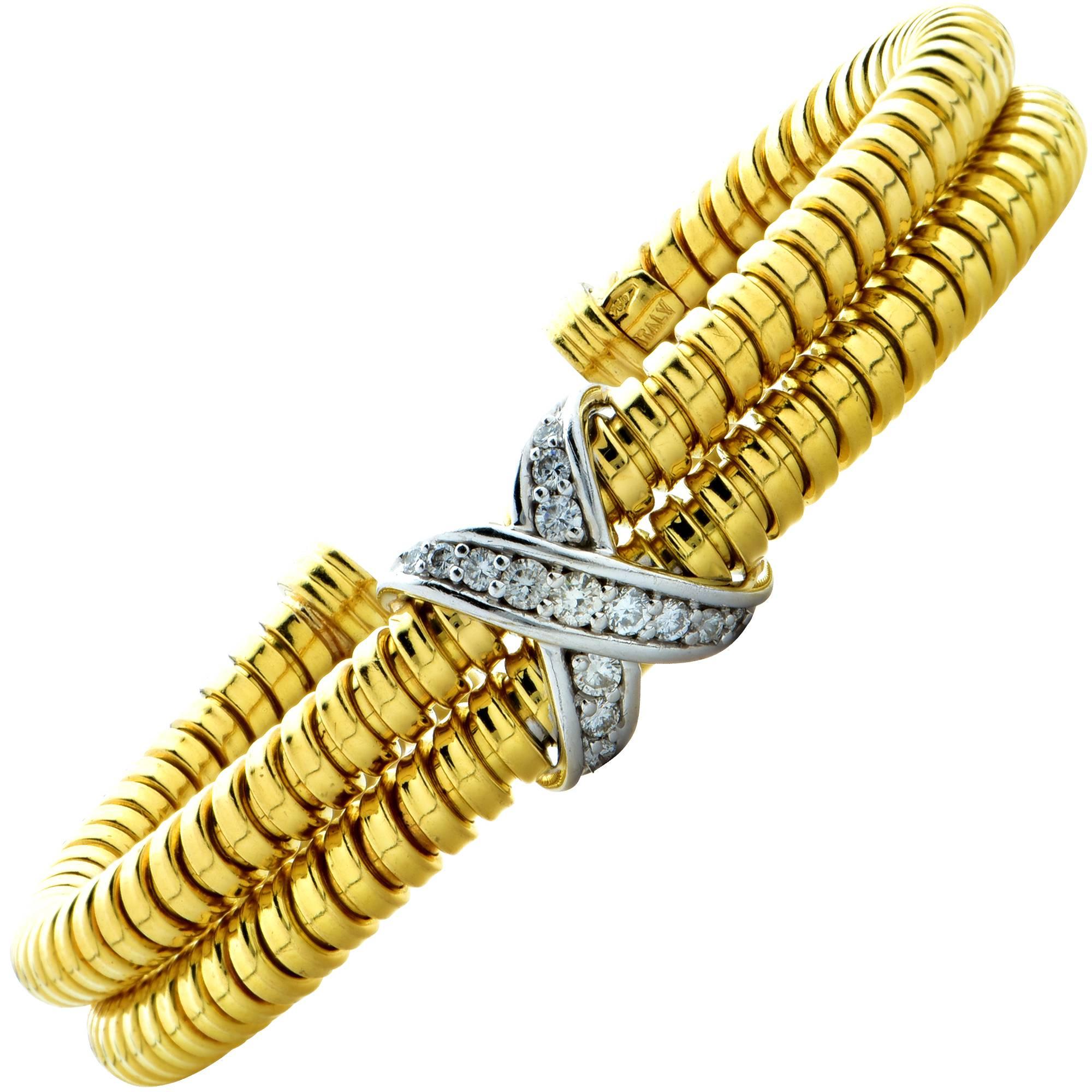 18 Karat Yellow and White Gold Diamond X Cuff Bracelet