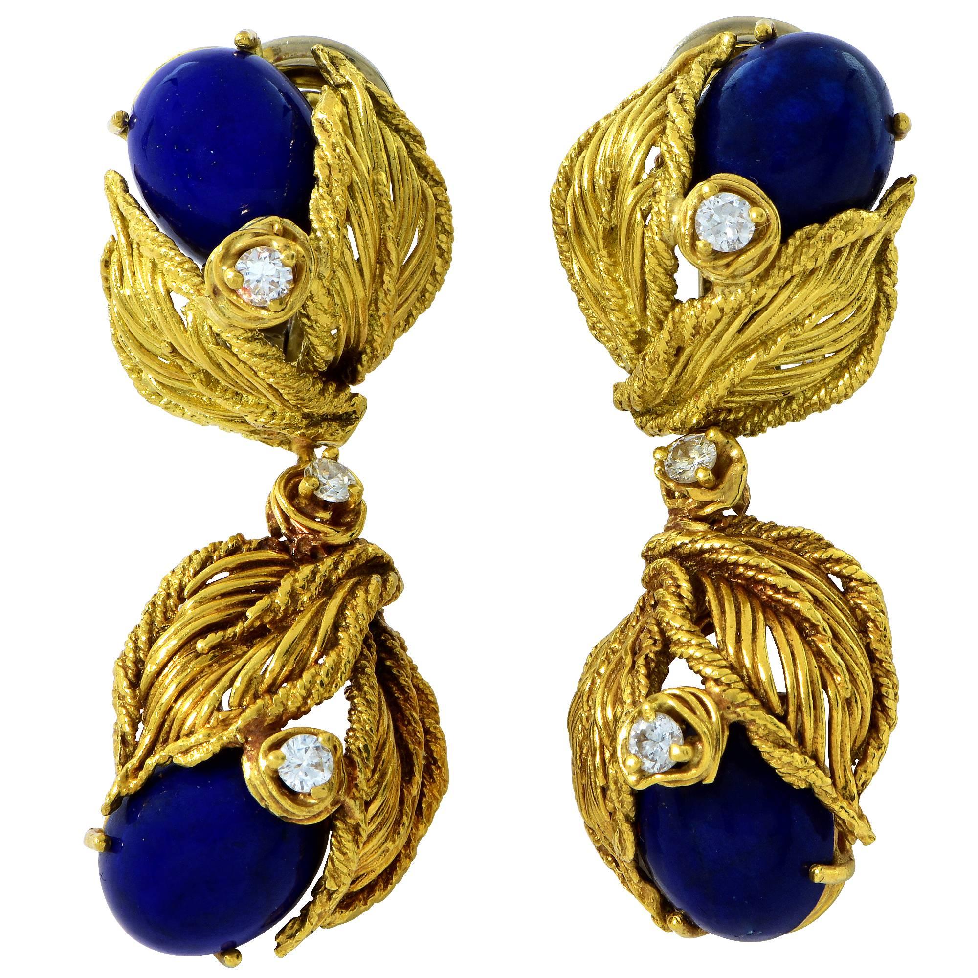 1970s Lapis Lazuli Diamond Gold Earrings