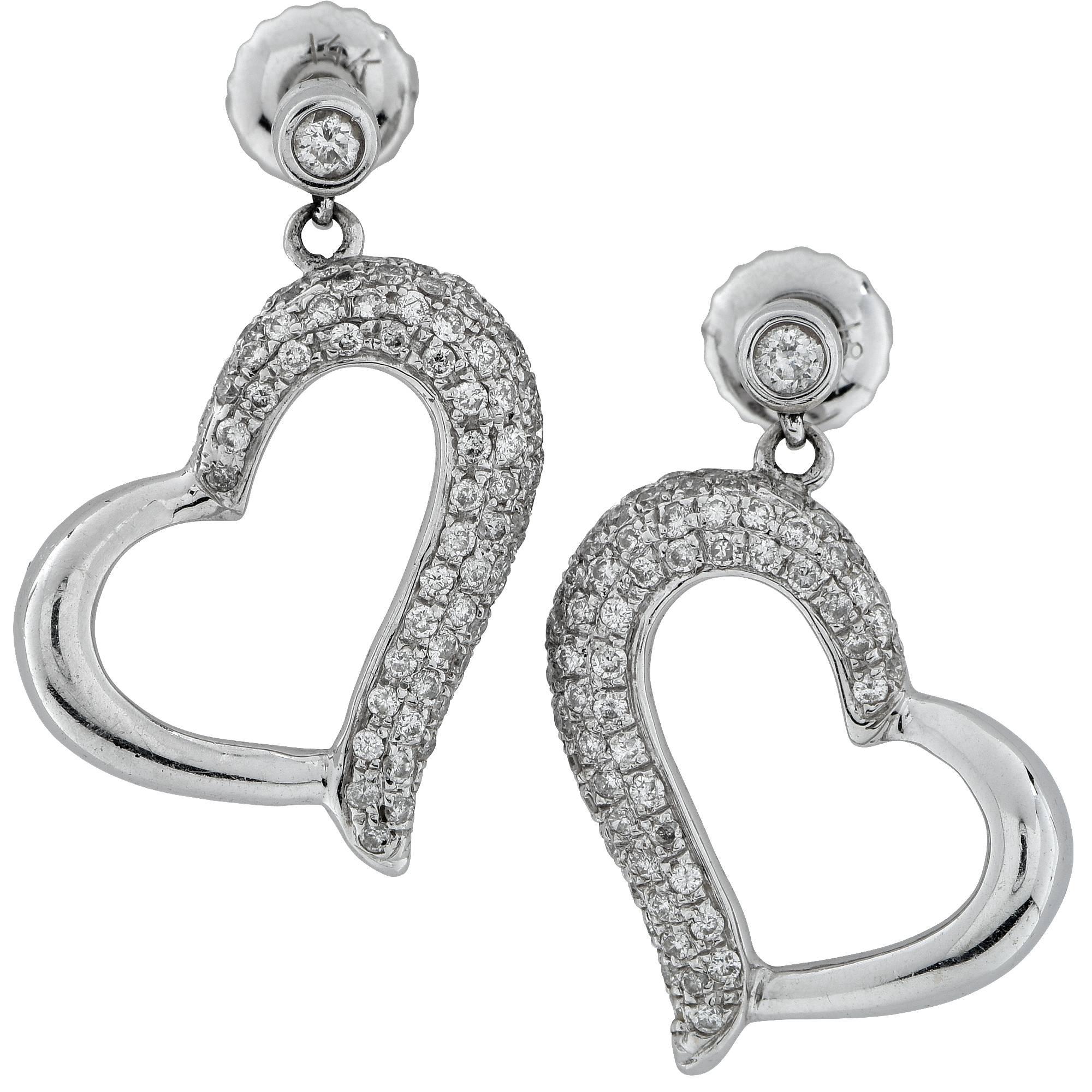 18 Karat White Gold Diamond Heart Dangle Stud Earrings