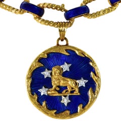 Gold Leo Blue Enamel Diamond Gold Necklace and Bracelet
