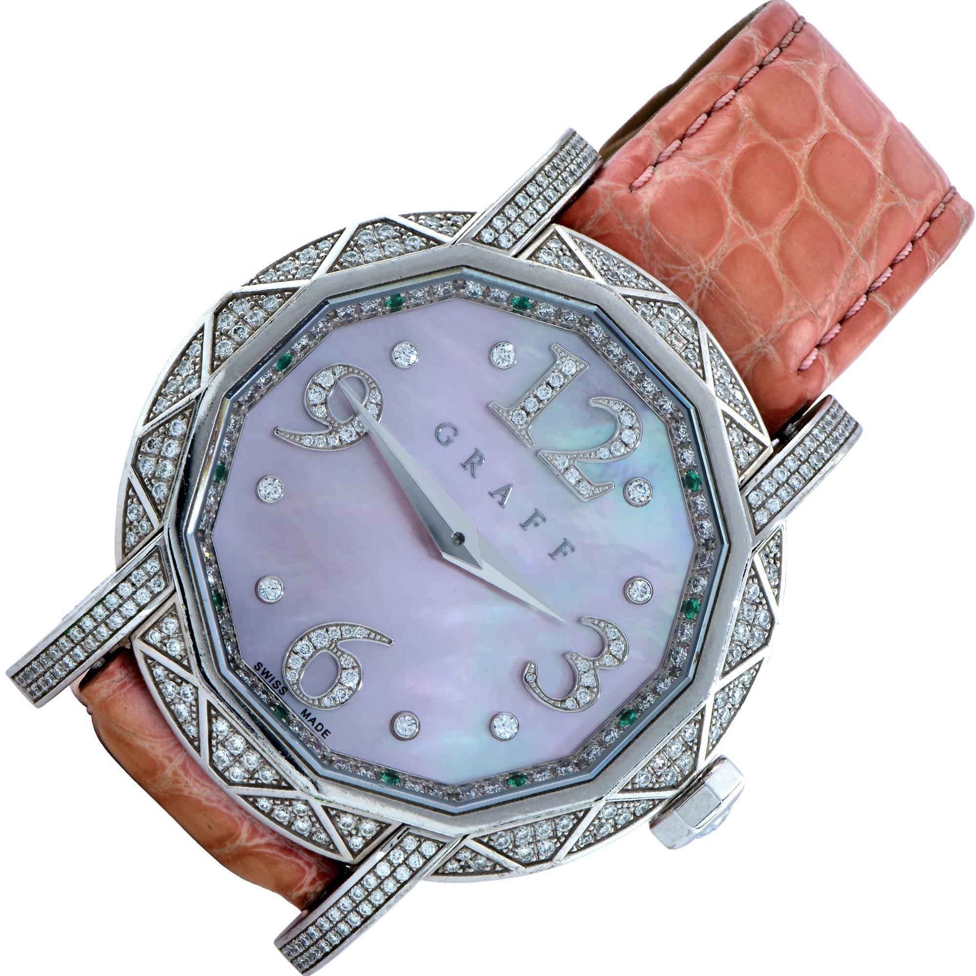 Exceedingly rare Graff Graffstar watch one of only 300 produced, stunningly crafted out of 18k white gold. Limited edition number 3 out of 300, the Graffstar collection is inspired by a perfectly cut diamond. This watch showcases a pink mother of