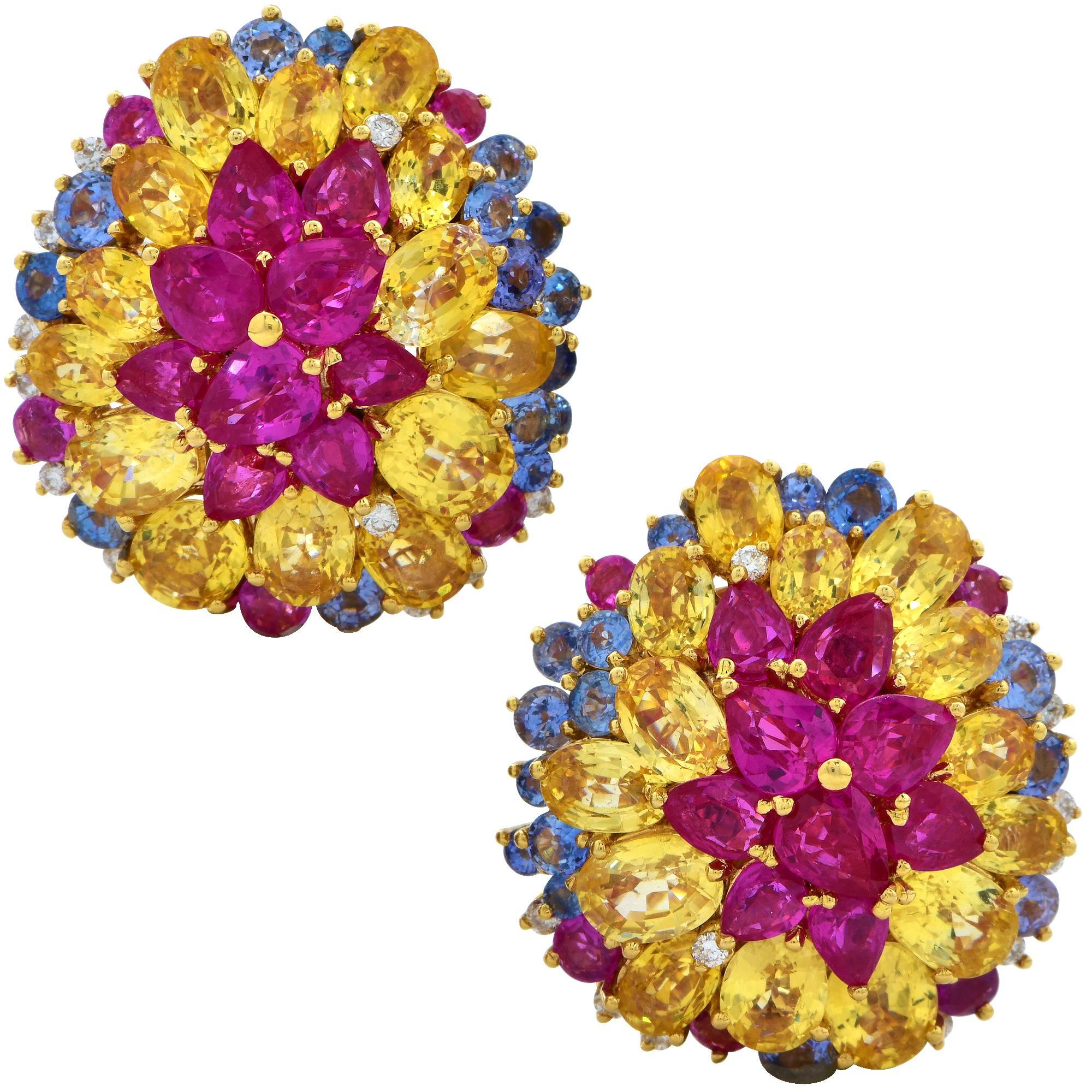 18 Karat Yellow Gold Sapphire Ruby and Diamond Earrings
