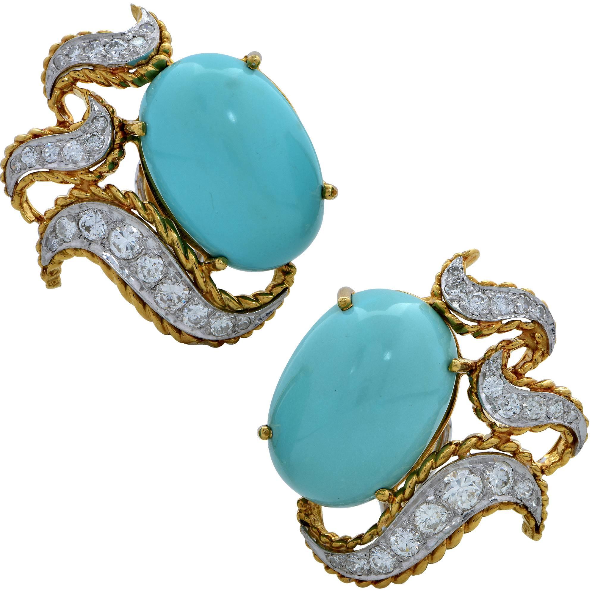18 Karat Yellow Gold Turquoise and Diamond Earrings