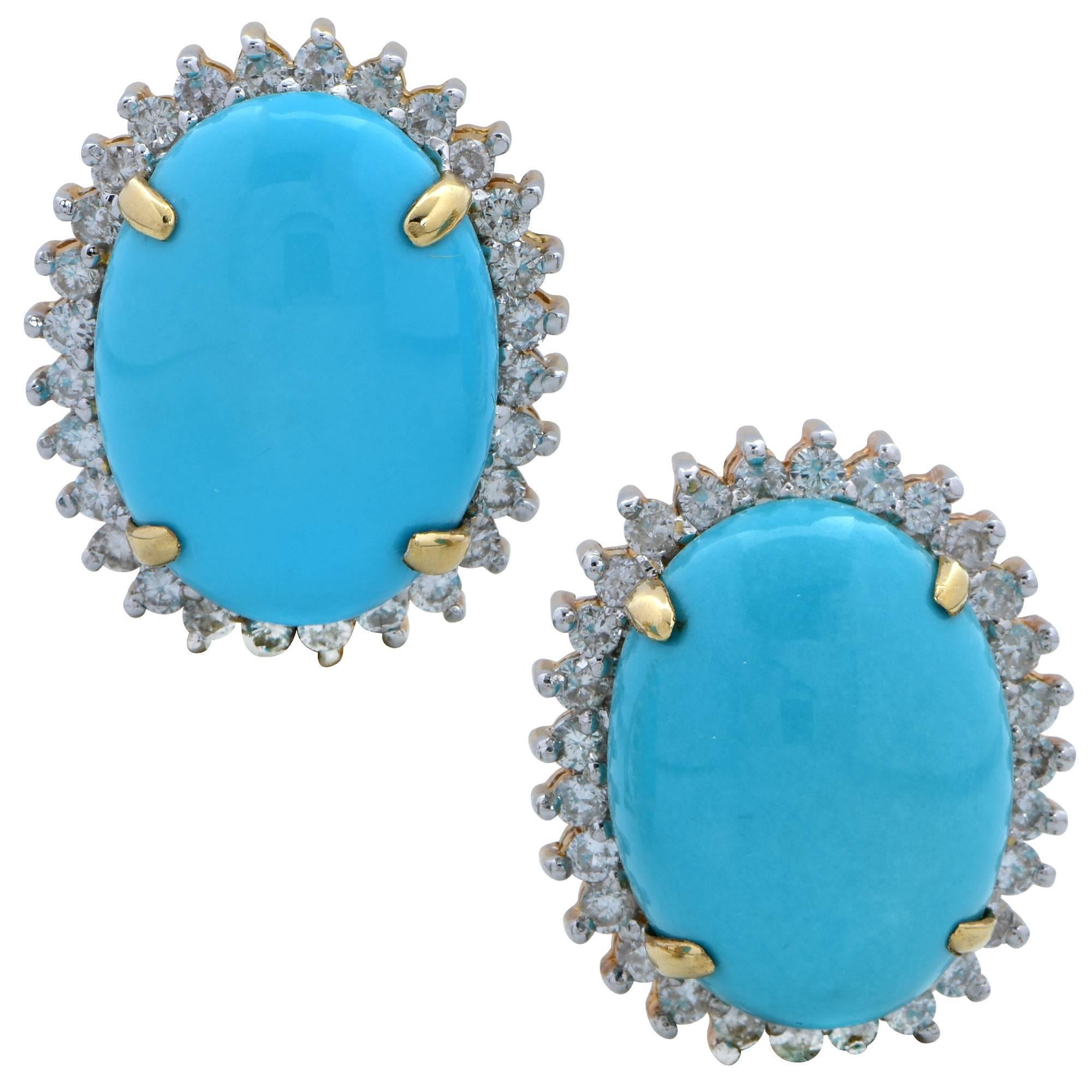 14 Karat Yellow Gold and Diamond Turquoise Earrings
