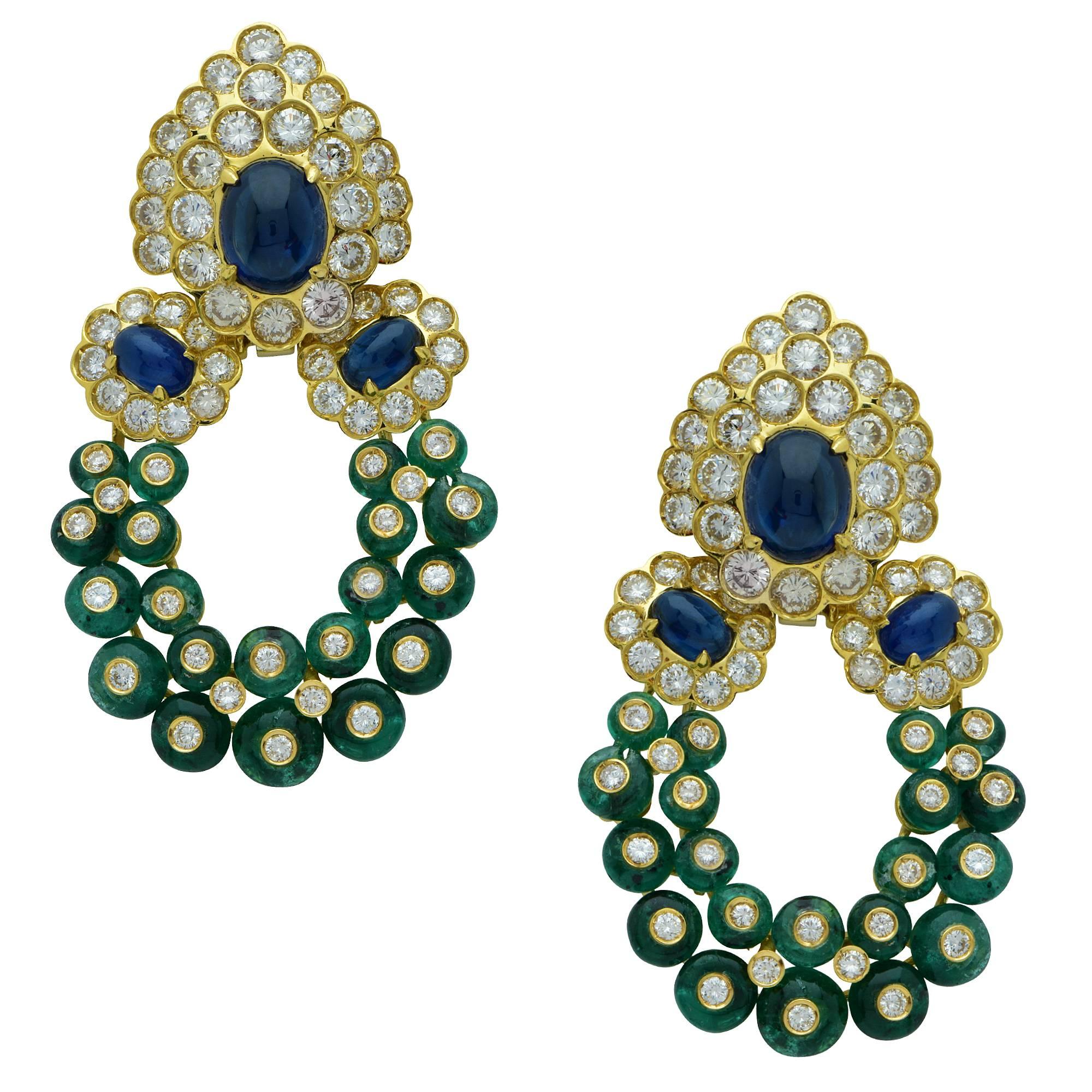 Giovane Emerald, Sapphire and Diamond Gold Day Night Ear Clips Earrings