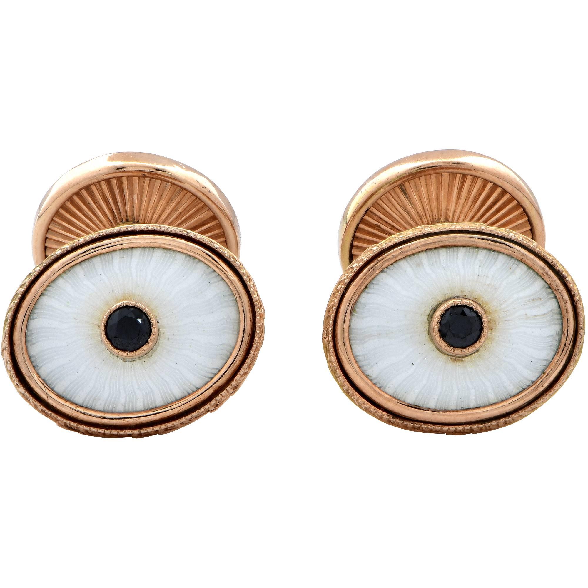 14k Yellow Gold Onyx and Enamel Cuff Links