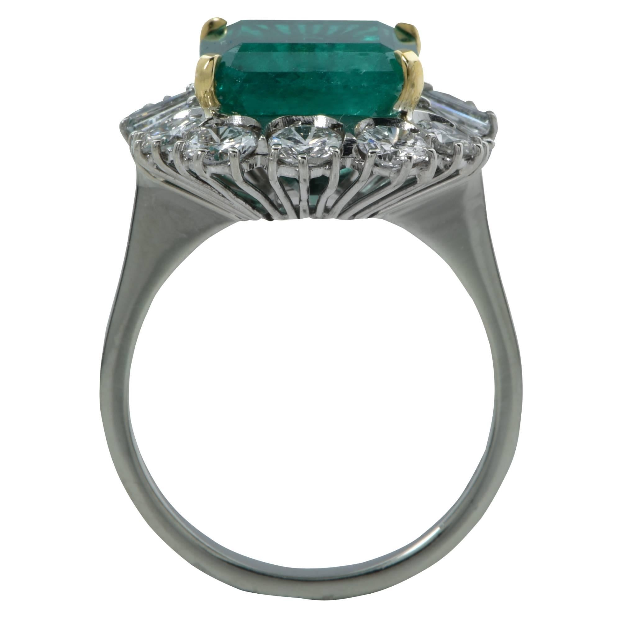 Modern GIA Certified 6.59 Carat Colombian Emerald and Diamond Ring
