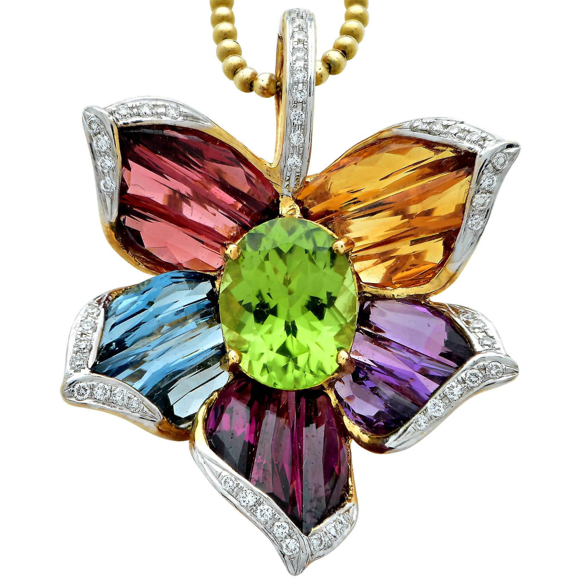 Bellari Flower Motif 18 Karat Yellow Gold Diamond and Gemstone Pendant Necklace