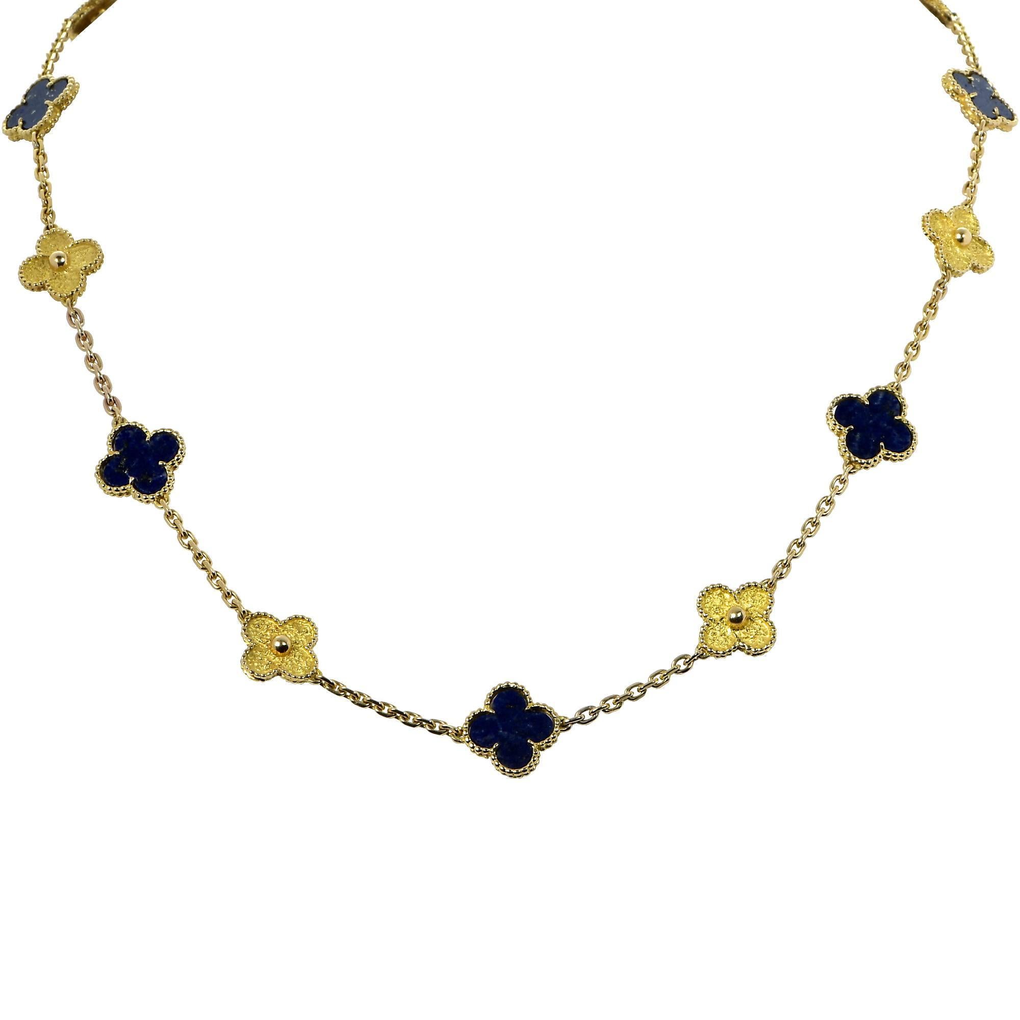 18k yellow gold and lapis Van Cleef & Arpels Alhambra 17 motif necklace.

Measurements are available upon request.
It is stamped and/or tested as 18k gold.

Our pieces are all accompanied by an appraisal performed by one of our in-house GIA