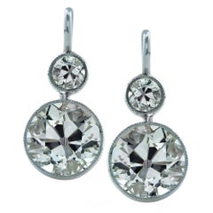 New Art Deco Style 6.67 Carat Old European Cut Diamond Dangle Platinum Earrings