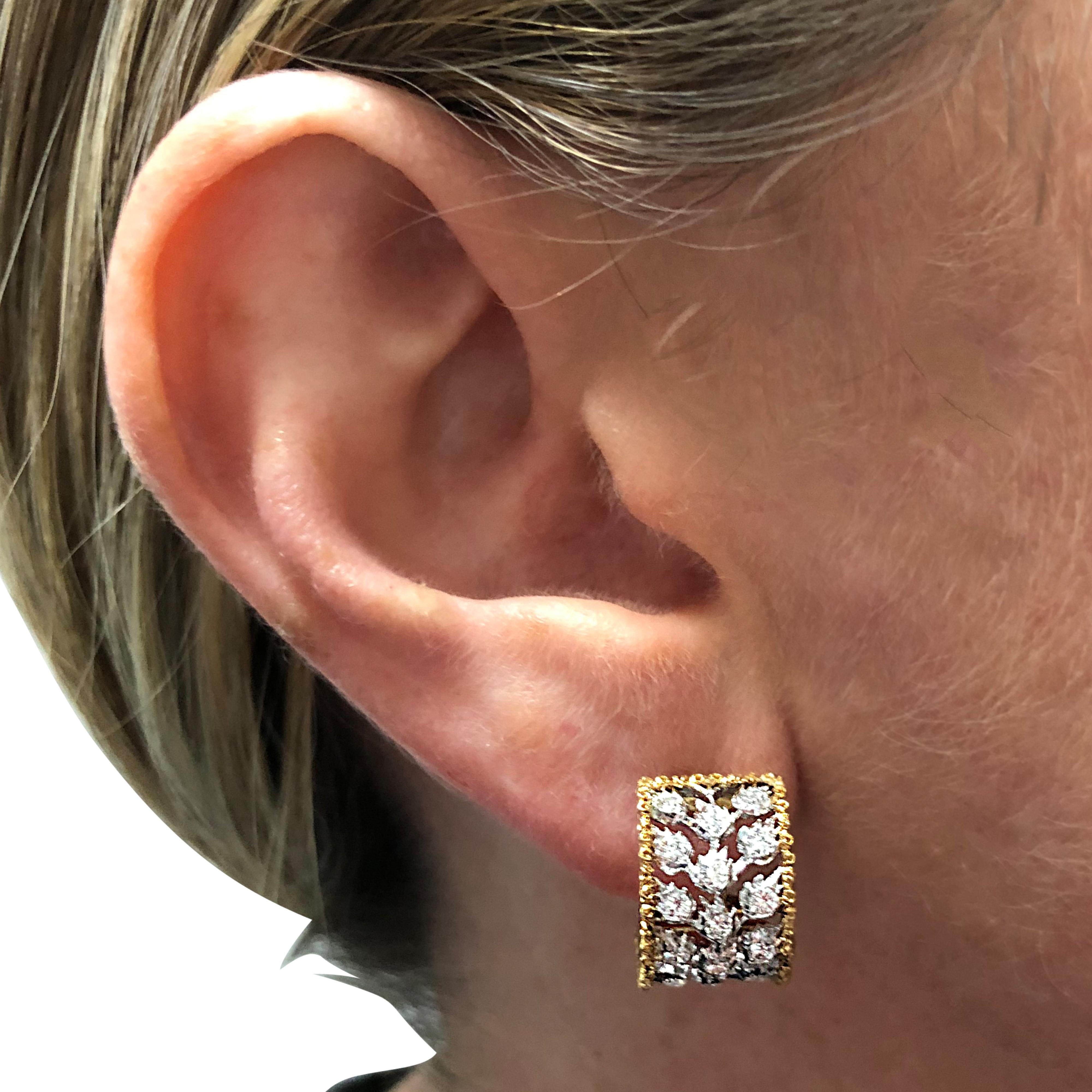 Round Cut Buccellati Ramage Collection Diamond Huggie Earrings