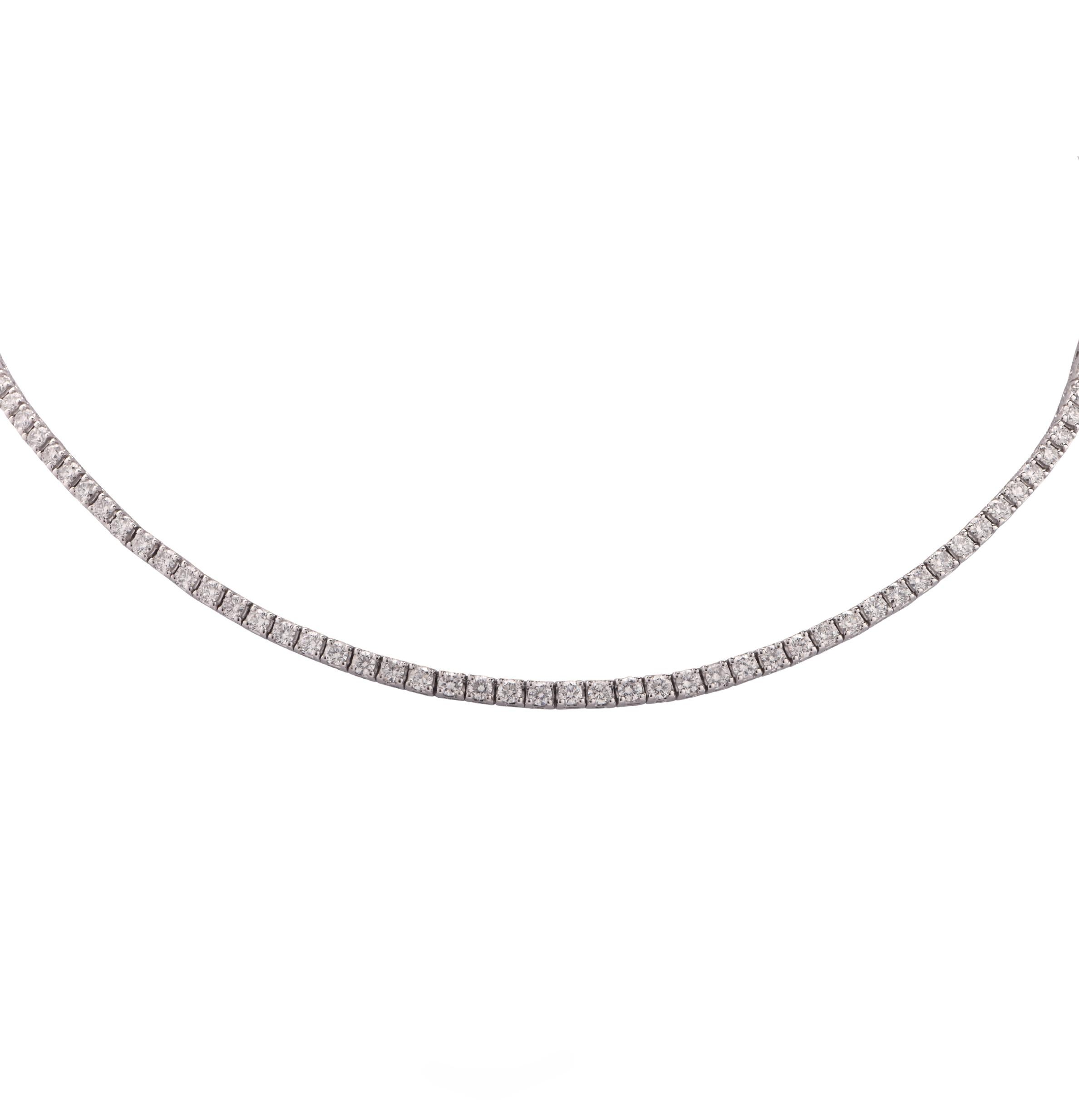 Exquisite diamond necklace crafted in 18 Karat White Gold, showcasing 140 round brilliant cut diamonds weighing 7.15 carats, F-G color, SI1-2 Clarity. The diamonds are set in a seamless sea of eternity, creating a spectacular symphony of brilliance
