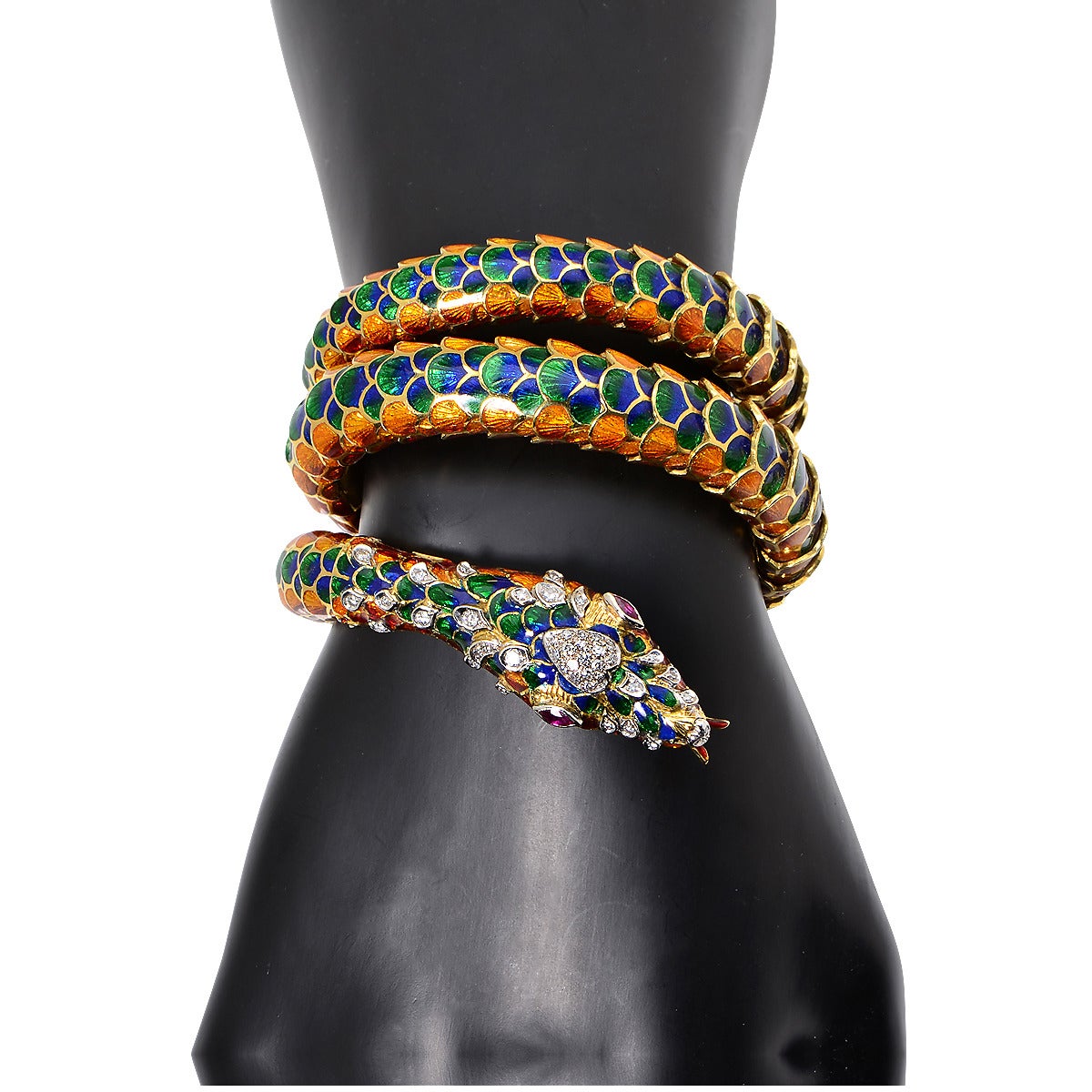 Enamel Diamond Gold Snake Bracelet at 1stDibs