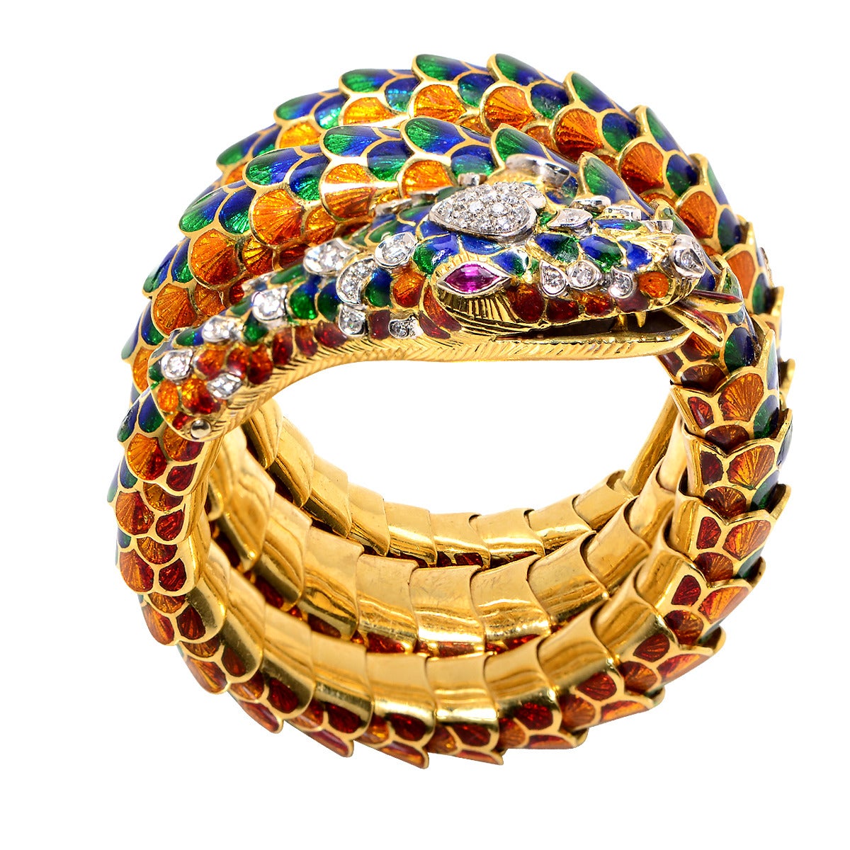 Enamel Diamond Gold Snake Bracelet at 1stDibs