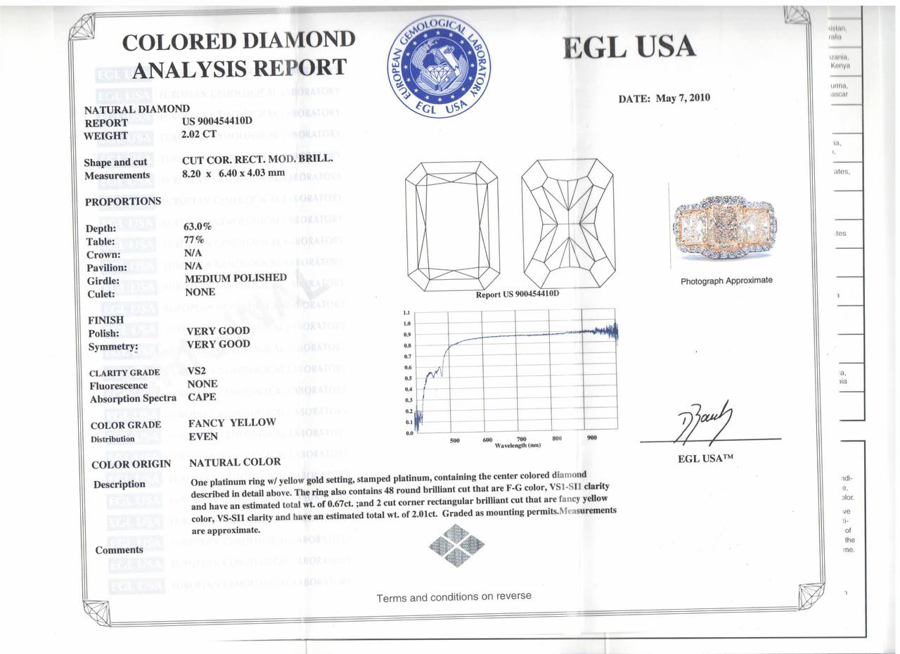 5 Carat Fancy Yellow Diamond Platinum Three-Stone Ring In New Condition In Miami, FL