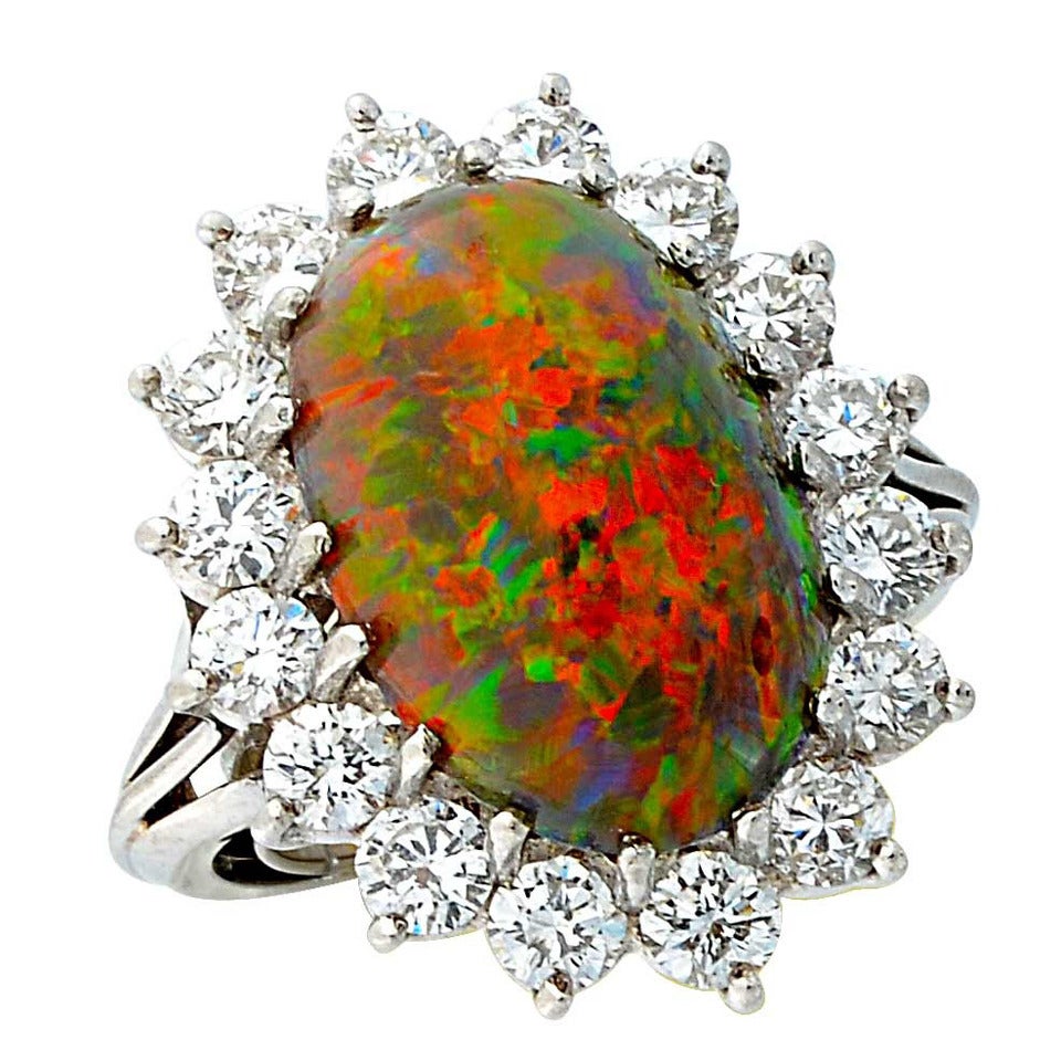 6.79 Carat Black Opal Cabochon Diamond Platinum Ring