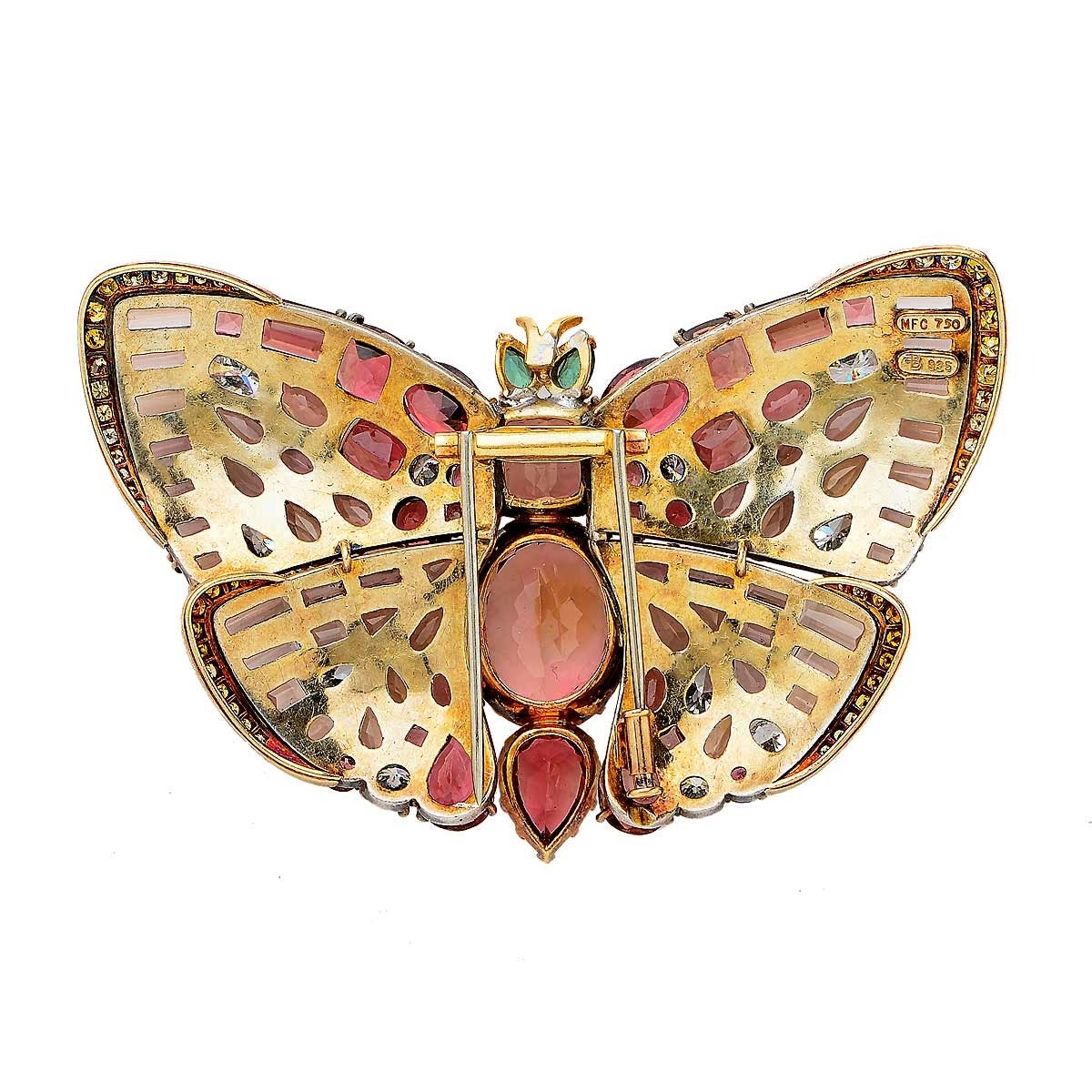 Marilyn Cooperman - 18kt Yellow Gold Diamond, Topaz and Tourmaline Butterfly Pin Featuring 11 Mixed Cut Diamonds with an Estimated Total Weight of 4.5cts and 70 Mix Cut Topaz and Tourmaline with an Estimated Total Weight of 14cts Flanked by 56 Round