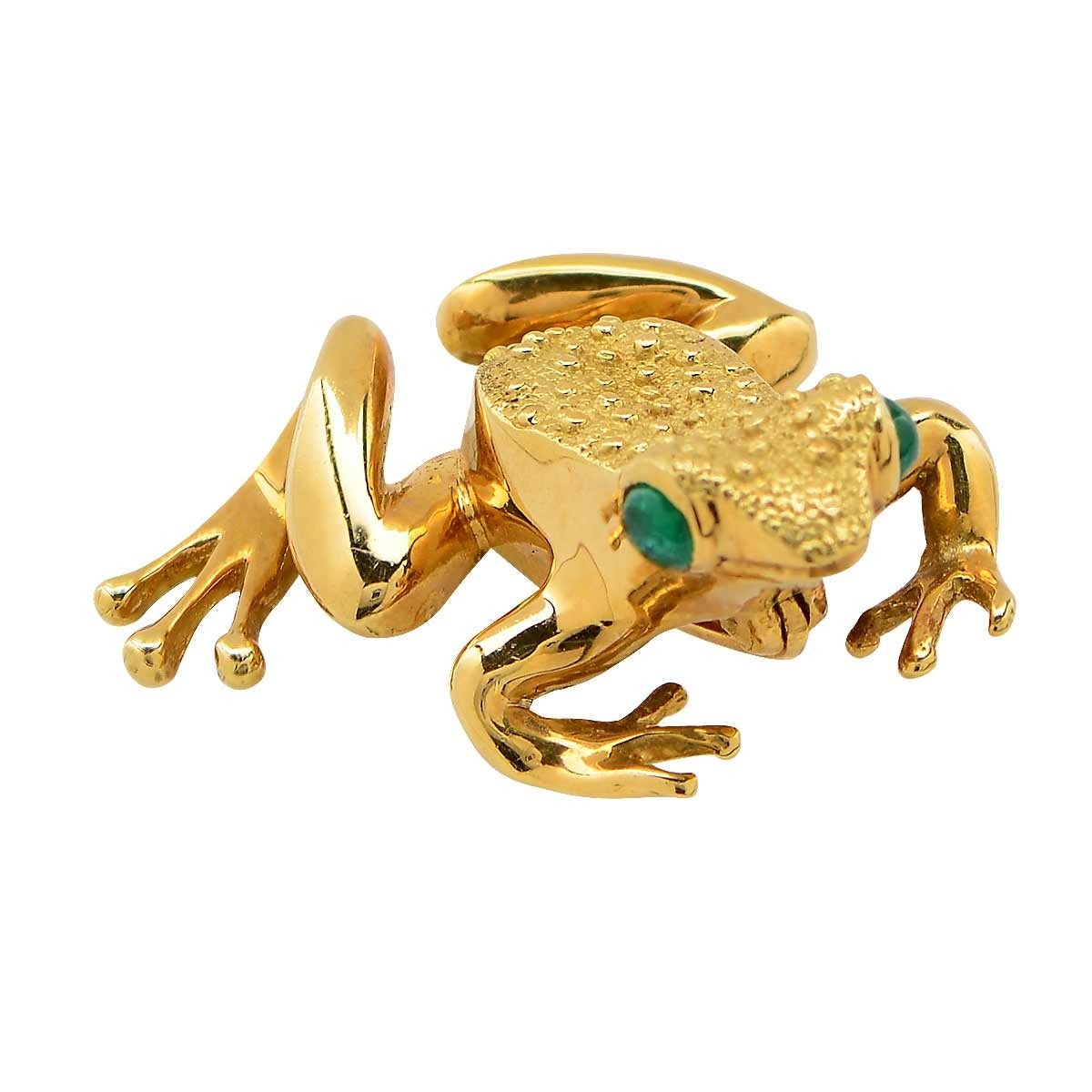 Tiffany & Co. Frog Brooch with Cabochon Emerald Eyes made from 18KT Yellow Gold.