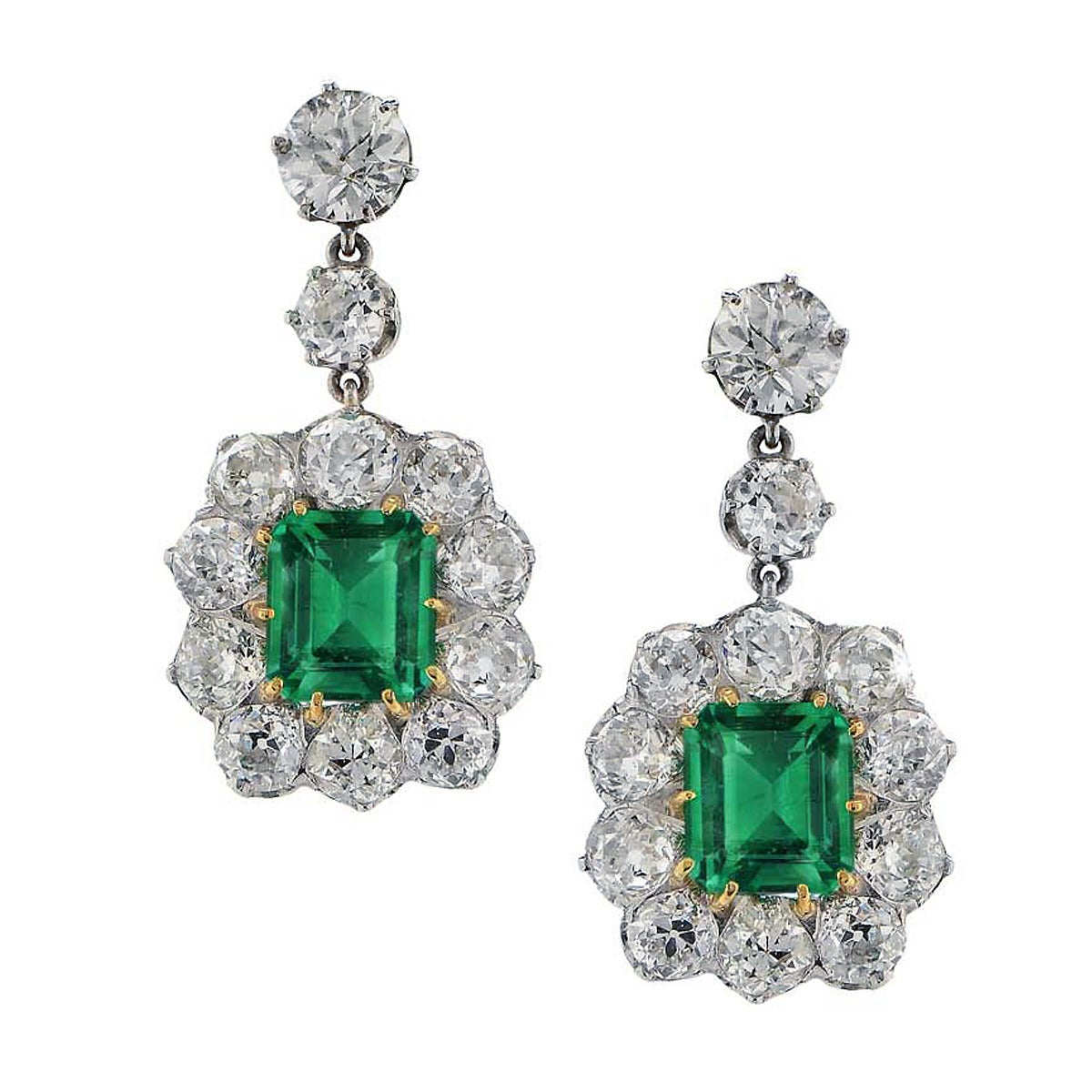 3.04 Carat Emerald Diamond Gold Platinum Dangle Earrings