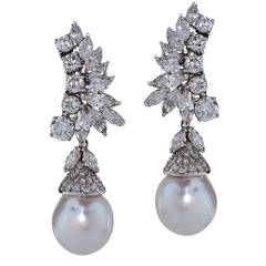 Dazzling 11.87 Carat Diamond and South Sea Pearl Drop Earrings