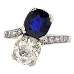 Antique Art Deco 1.81 Carat Diamond and Sapphire Platinum Ring